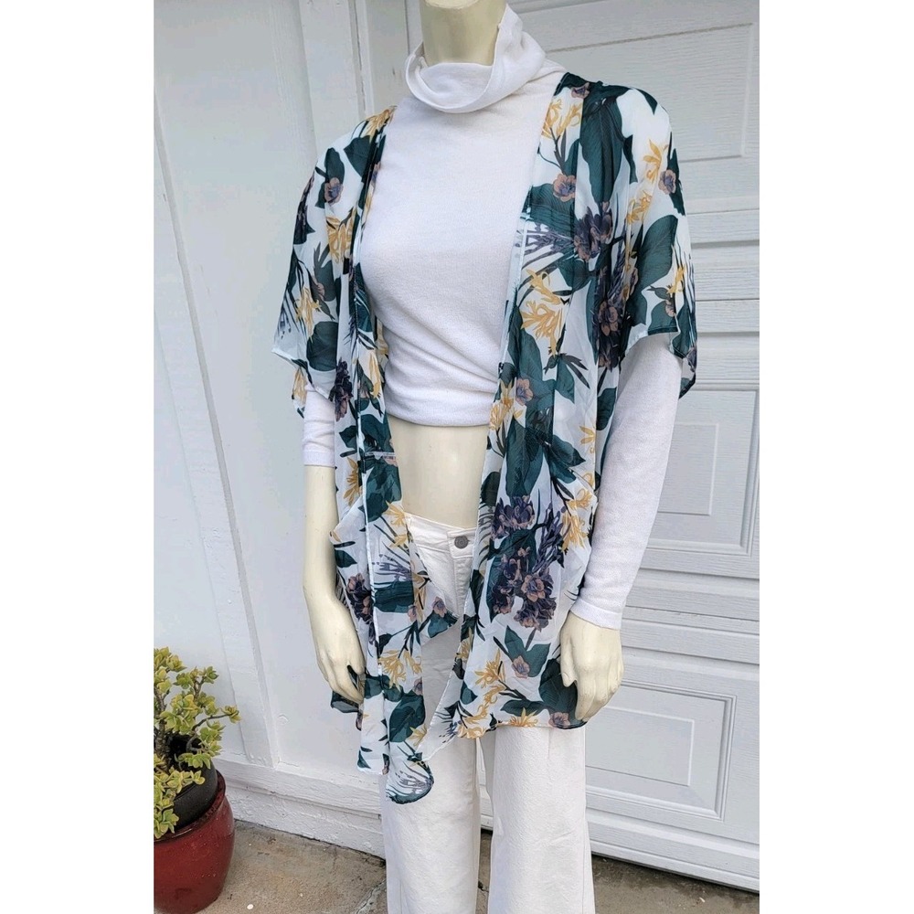 Open Front‎ Sheer Duster Kimono Boho Beachy Hippie Chic White Floral Sonomo OS